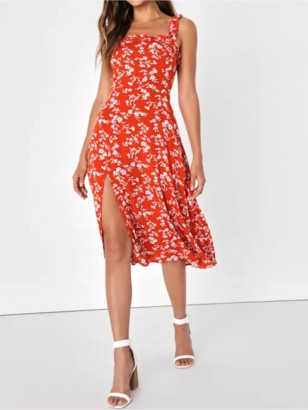 LULUS Women’s Garden Date Red Orange Floral Print Ruffle Midi Dress size XXS